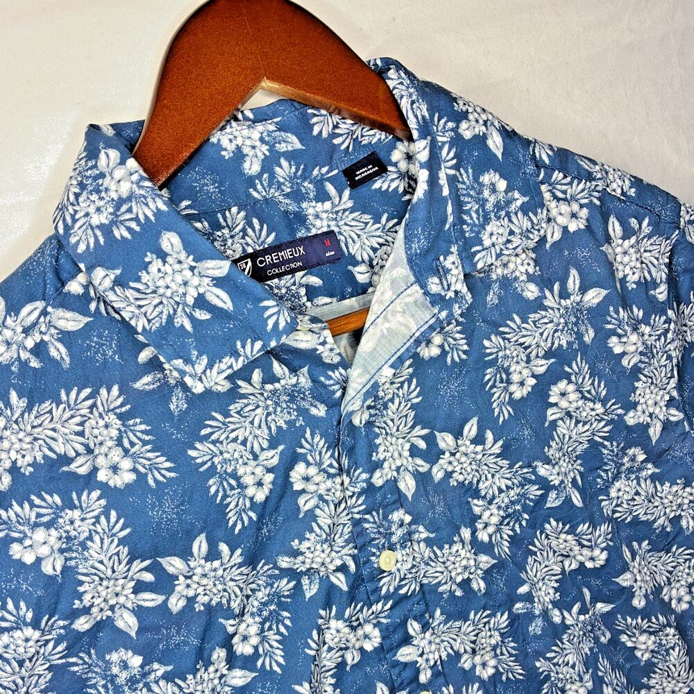 Cremieux Mens Size M Blue White Floral Short Sleeve Button Down Shirt Cotton